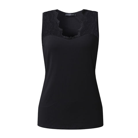 Women Summer Sexy Deep V Neck Sleeveless Tee Vest Lace Crochet Splice Solid Tank Tops Slim Stretch Black Shirt Plus Size