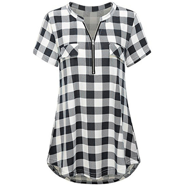 Women Summer Tops Check Zipper V Neck Caual Baggy Blouses Female Loose Plus Size Long Shirt Plaid Short Sleeve Blusa S-3XL