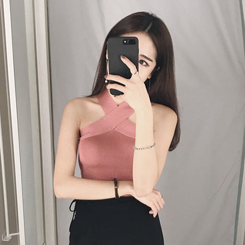 Women Summer V Neck Sexy Korean Sleeveless Vest Knitted Female Tunic Streetwear Bralette Crop Top White Black Pink
