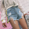 2022 Women's Fashion Shorts Yellow Letter Belt Denim Shorts Summer Trousers Hot Short Pants Ripped Short Jeans
