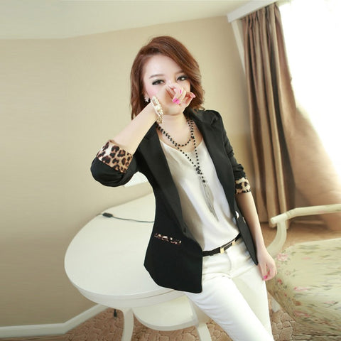 Women's Leopard Sleeve Blazers Jackets Feminino Candy Color Coats Suit Cardigan Jackets Single Button Cotton Coats Blazers