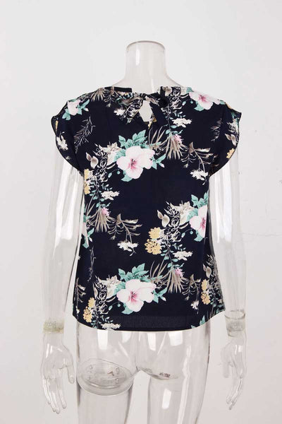 Women's Summer Floral Chiffion Blouse Ladies Casual Round Neck Cap Sleeve Pullovers Bohemian Print Shirts Chemise Femme