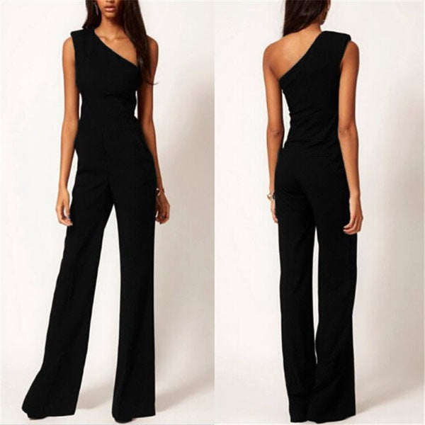 Womens Off One Shoulder Jumpsuit Romper Black OL Workwear Sexy Sleeveless Long Pant Playsuit Femme Casual Overall Trouser