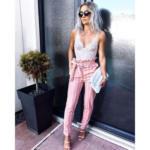 Womens Striped Trousers Pink SweatPants Girls Skinny Sli Elastic Waist  Bottoms