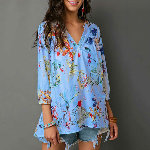 Womens Tops Vintage Floral Print Three Quarter Sleeve V Neck Shirts Tunic Ladies Tops Girls Blouses
