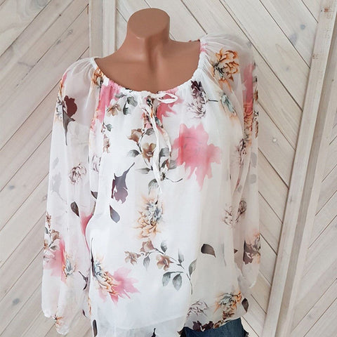 Womens Tops and Blouses Chiffon Floral Print Bow Shirt Plus Size Chiffon Blouse Women 5xl Long Sleeve Casual Tops
