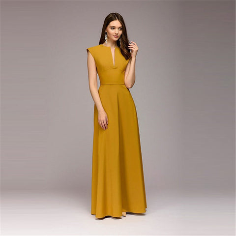 Yellow Dress Women Solid V-neck Casual Dress Women Natural Waist Floor-length Maxi Dress Straight Plus Size S--4XL