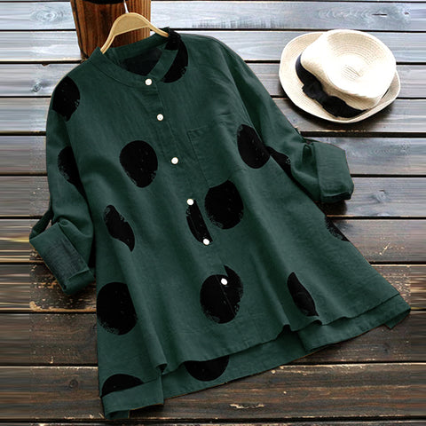 2022 Autumn Women Polka Dot Blouse Casual Buttons Down Long Sleeve Work Shirt Cotton Linen Loose Top Blusas Plus Size