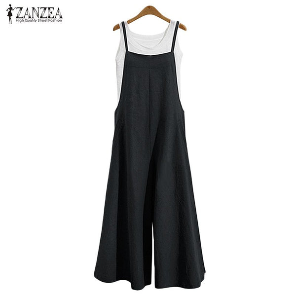 Oversized Women Spaghetti Straps Long Wide Leg Romper Dungaree Bib Overalls Casual Loose Linen CottonSolid Jumpsuit