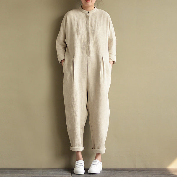 Vintage Women Casual Solid Stand Collar Long Sleeve Pockets Cotton Linen Loose Party Jumpsuits Rompers Work Overalls