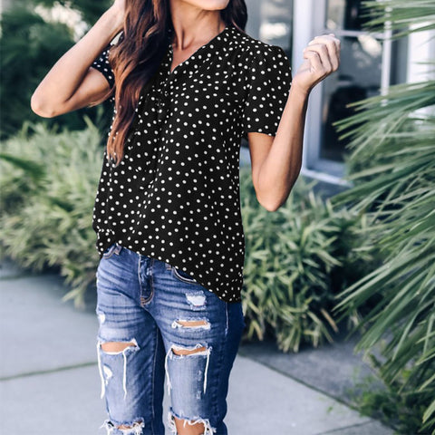Women Elegant Polka Dot V Neck Short Sleeve Bow Tie Top Summer Blouse Casual Loose Work Office Shirt Blusas Oversize