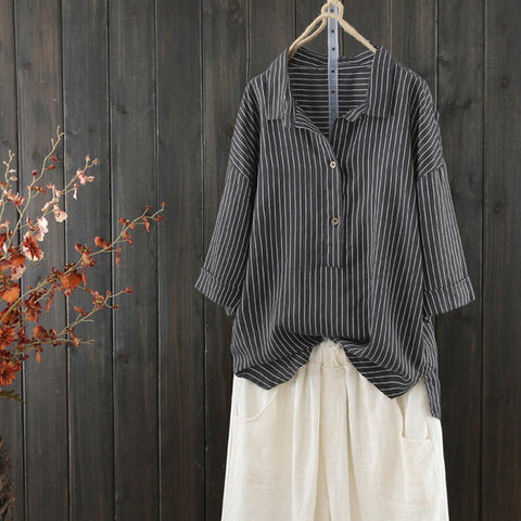 2022 Women Lapel Neck Half Sleeve Casual Striped Blouse Summer Loose Work Office Shirt Baggy Party Top Blusas Oversized