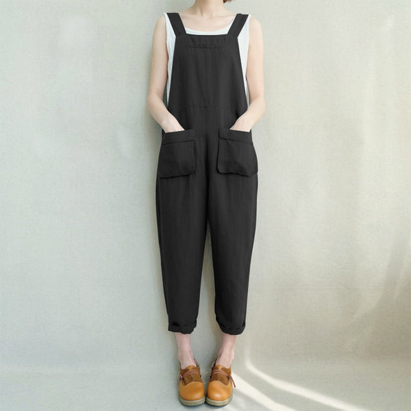2022 Women Sleeveless Strappy Pockets Casual Long Jumpsuit Retro Solid Loose Turnip Rompers Overalls Work Dungarees S-5XL
