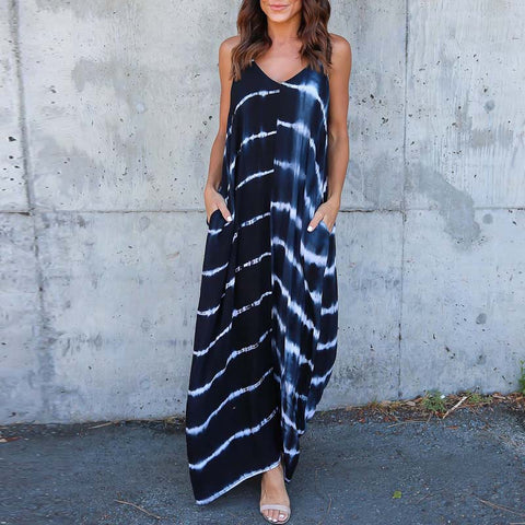 Women Summer Sexy V Neck Sleeveless Striped Maxi Long Dress Pockets Spaghetti Straps Backless Loose Beach Vestido
