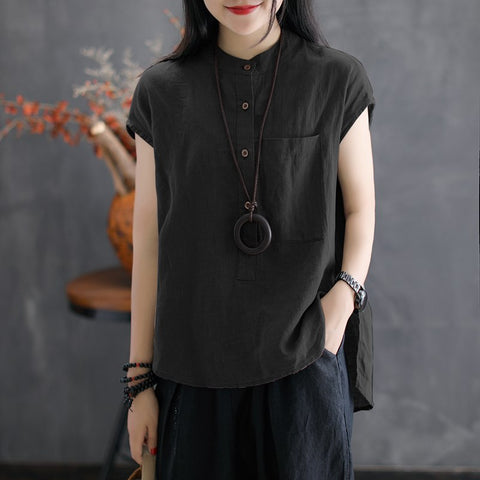 Women Vintage Buttons Solid Short Sleeve Blouse Summer Casual Loose Irregular Hem Cotton Linen Top Work Shirt