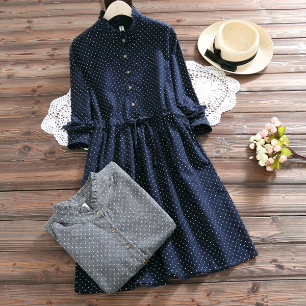 2023 autumn long sleeve dot dress style ladies dresses trend spring dress gray/navy blue