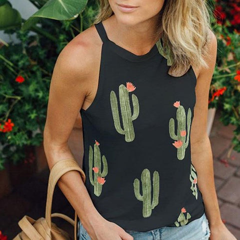 cactus Printed sexy tops sleeveless o neck Tank Tops Womens Fashion casual Tanks summer vest Female Fem Tops Tee shirt