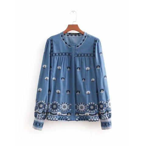 casual lady flower embroidery thin denim blouse fashion women o neck long sleeve shirt loose tops chemise blusas S3306