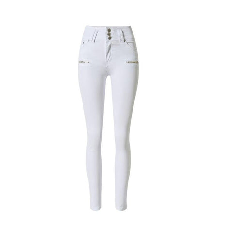 fashion zippers elastic high waist jeans woman white skinny jeans women Autumn casual elastic denim pencil pants