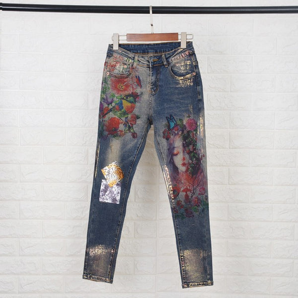 jeans woman casual stretch denim 3D print Painted Pattern jeans women's pants and girl skinny jeans trouser A351
