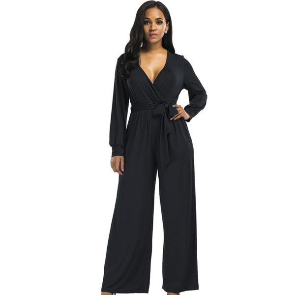 sexy V neck Wide Leg Pants Elegant jumpsuits romper Blue Long Sleeve Plus Size tunic Overalls For Women Combinaison Femme