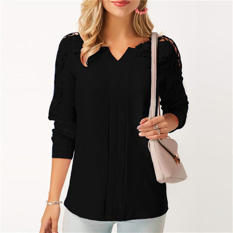 spring and summer women's fashion V-neck solid stitching lace long sleeved shirt Chiffon casual women's clothing Smerilli
