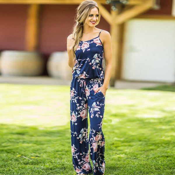 women Summer Long tunic Jumpsuit sexy Floral print Spaghetti Strap wide leg Romper Sleeveless Casual lace up loose Overalls