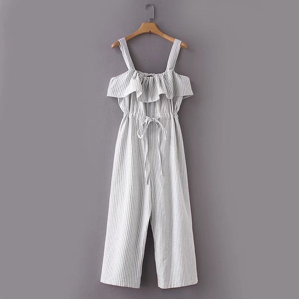 2022 women laminated ruffles striped sling jumpsuits ladies summer style drawstring tied casual slim overalls trousers DS769