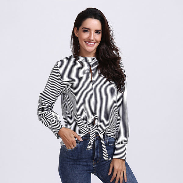 women summer blouse cross Hollow Out Striped Print Shirt Casual Blouse Button Bow Tops feminine blouse blusa femenina