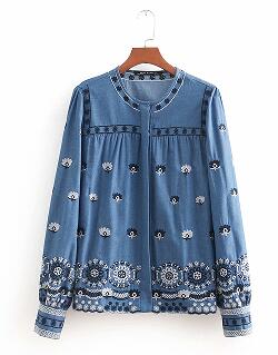 women vintage floral embroidery denim blouses o neck long sleeve casual shirt ladies elegant femininas blusas tops LS2493