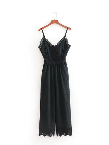 women vintage lace hollow out patchwork black sling siamese pants ladies sexy jumpsuits casual slim overalls trousers DS886