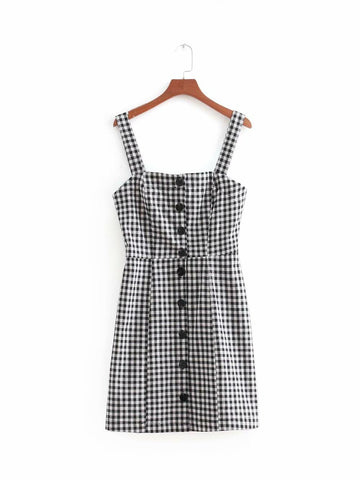 2022 women vintage sex spaghetti strap single breasted buttons plaid slimming dress elegant female vestidos sling dresses DS859