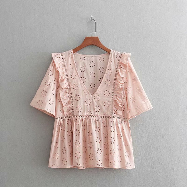 2022 women vintage v neck lace patchwork hollow out embroidery kimono blouses shirt chic ruffles femininas blusas tops LS2492