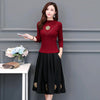 2022 Autumn Women Elegant Dress Knitted Sweaters Splice Printed Flower Midi Dresses Casual Vintage Slim Dress Vestidos R274