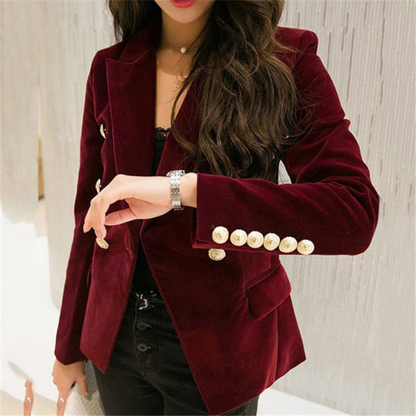 2023 Autumn Velvet Suit Jacket Buckle Slim OL Chic Long Sleeve Blazers Feminino Casual Coat Office Ladies Outerwear f866