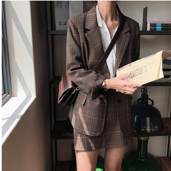 2022 Autumn Vintage Two-piece Plaid Blazer Suits Women Single-breasted Jacket & Pencil Skirt Women Skirt Suit Casual Blazer Sets