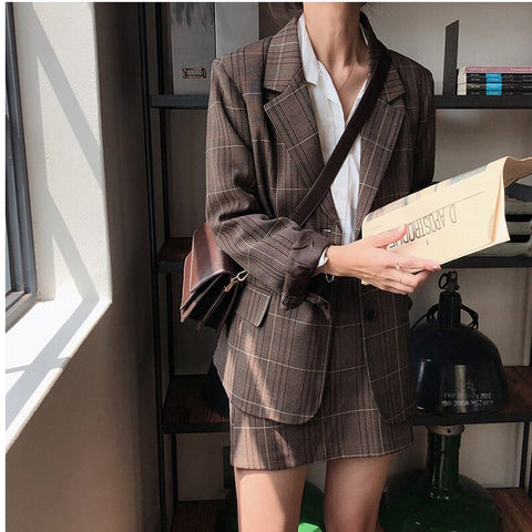 2022 Autumn Vintage Two-piece Plaid Blazer Suits Women Single-breasted Jacket & Pencil Skirt Women Skirt Suit Casual Blazer Sets