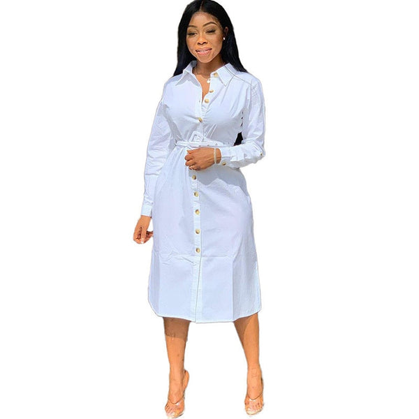 2023 Autumn White Shirt Dress Women Button-up Knee-length Long Sleeve Shift Dress Office Lady Loose Casual Tunic Basic Dresses