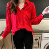 2023 Blusa Women Blouse Elegant Red Green Satin Shirt Turn Down Collar Female Formal Office OL Blouse Women Tops PZ1149