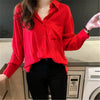 2023 Blusa Women Blouse Elegant Red Green Satin Shirt Turn Down Collar Female Formal Office OL Blouse Women Tops PZ1149