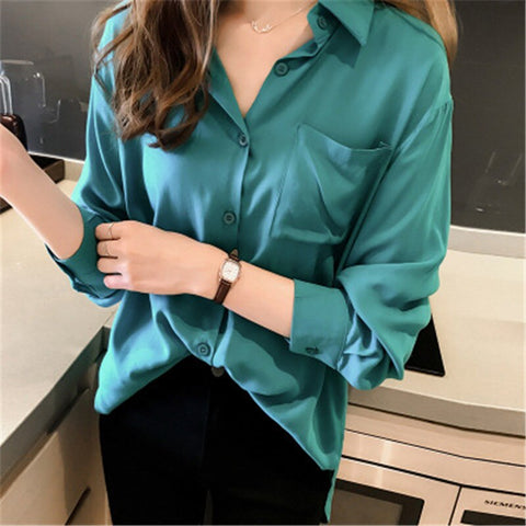 2023 Blusa Women Blouse Elegant Red Green Satin Shirt Turn Down Collar Female Formal Office OL Blouse Women Tops PZ1149