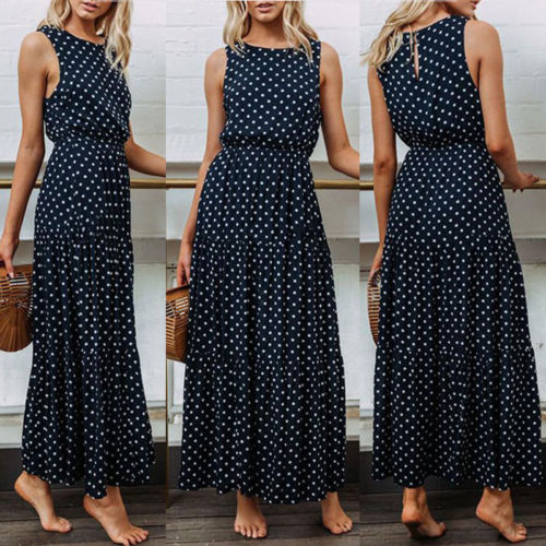2022 Bobo Women Dark Blue Boho Loose Sleeveless Holiday Dot Print Long Maxi Dress Evening Party Beach Dresses Summer Sundress