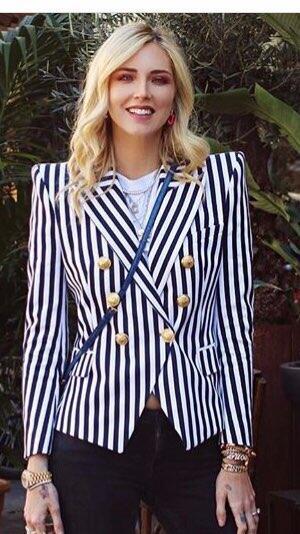 2022  Designer Blazer Women's Lion Buttons Double Breasted Classic  blue & white ,black & white  Striped Print Blazer Jacket