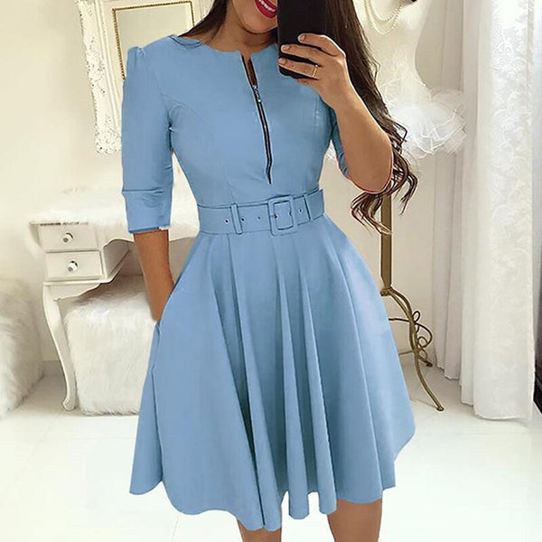2022  Women Dress With Zipper Elegant  Pleated Umbrella Dress With Belt Long Sleeve Elegant Party Dress Vestido