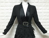 2022  Designing European High Street Women Formal Slim Black Long Blazers Shawl Collar Feather Patchwork Blazer with Belt