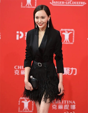 2022  Designing European High Street Women Formal Slim Black Long Blazers Shawl Collar Feather Patchwork Blazer with Belt