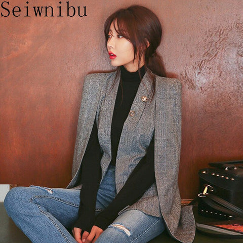 2022 Long Sleeve Cape Blazer Coat Women Notched Split Cloak Cape Jacket Suit Women's Blazer OL Office Workwear plaid black