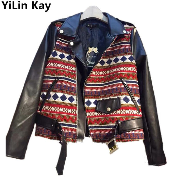 2022 Arrived Autumn Winter Moto & Biker Coat Women Runway High Quality Long Sleeve Short PU Leather Splicing jacket