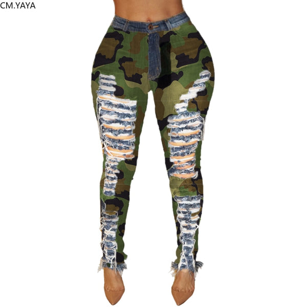 2022 Autumn Winter Female Denim Pants Women Skinny Hole Spliced Camouflage Print Jeans Sexy pencil Bandage Trousers HSF2096