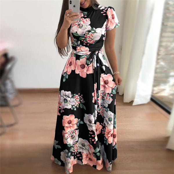2023 Casual Summer Dress  Short Sleeve Long Dress Boho Floral Print Maxi Dress Turtleneck Bandage Elegant Dresses Vestido